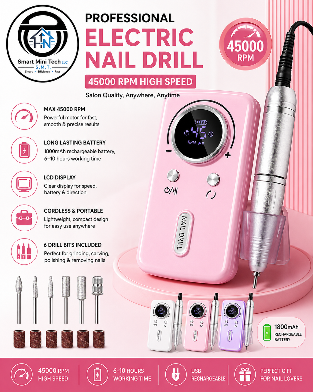 Professional 45,000 RPM Cordless Nail Drill – Rechargeable Electric Nail File with LCD Display & 6 Drill Bits