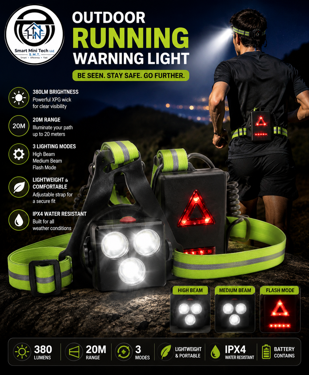 Outdoor Mountaineering Running Light – Rechargeable Warning Light for Night Running, Hiking & Cycling