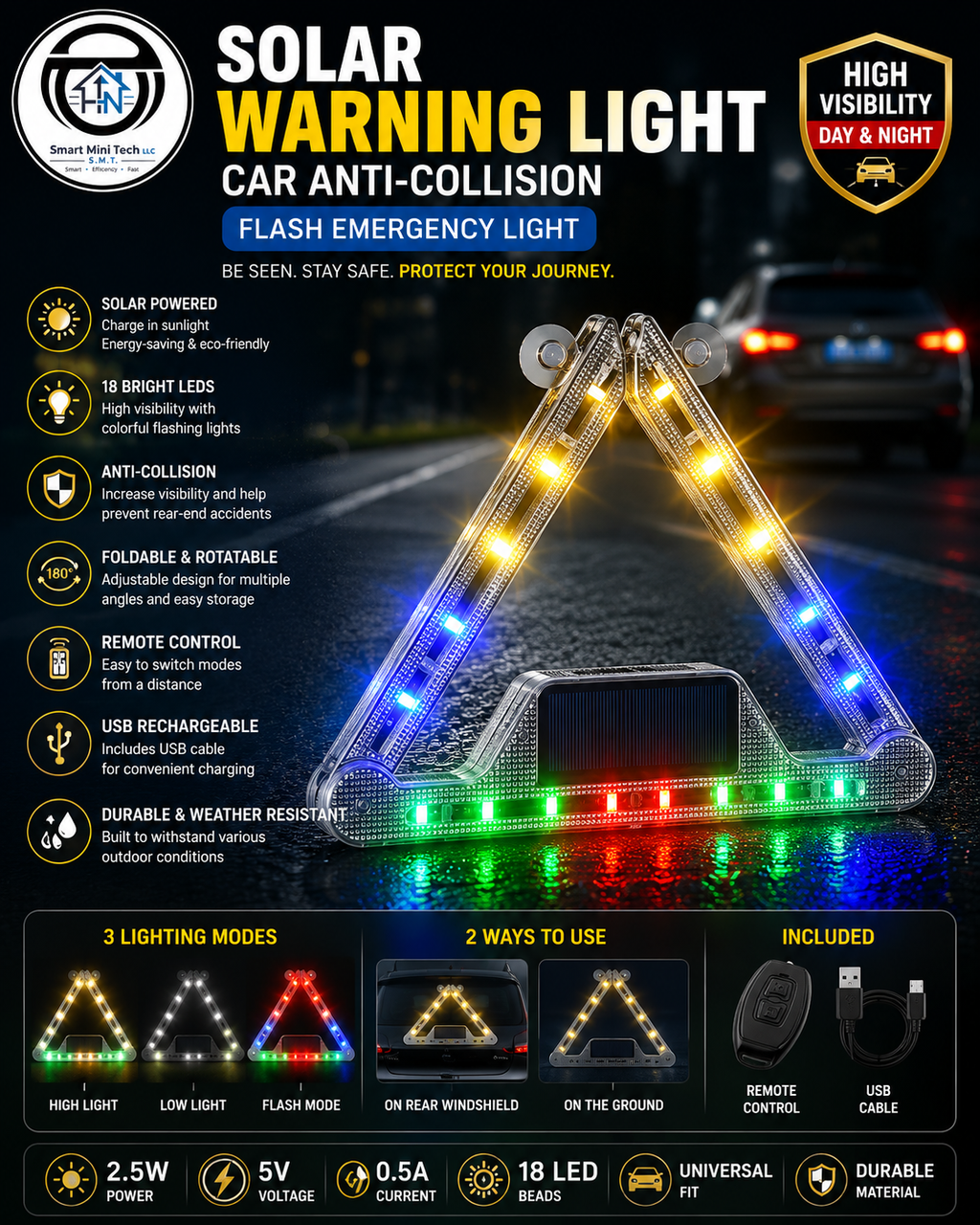 Solar Warning Light Car Anti-Collision Flash Emergency Light