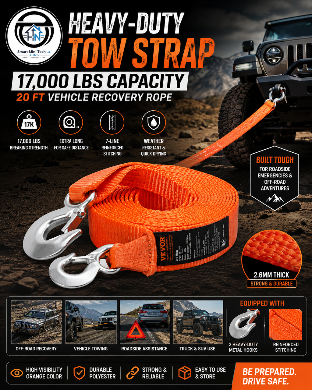 Heavy-Duty Tow Strap 17,000 LBS – 20 FT Vehicle Recovery Rope
