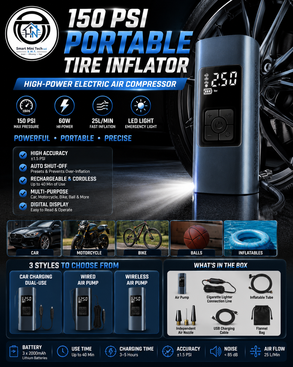 Portable Car Air Compressor – 150 PSI High-Power Tire Inflator with LED Light