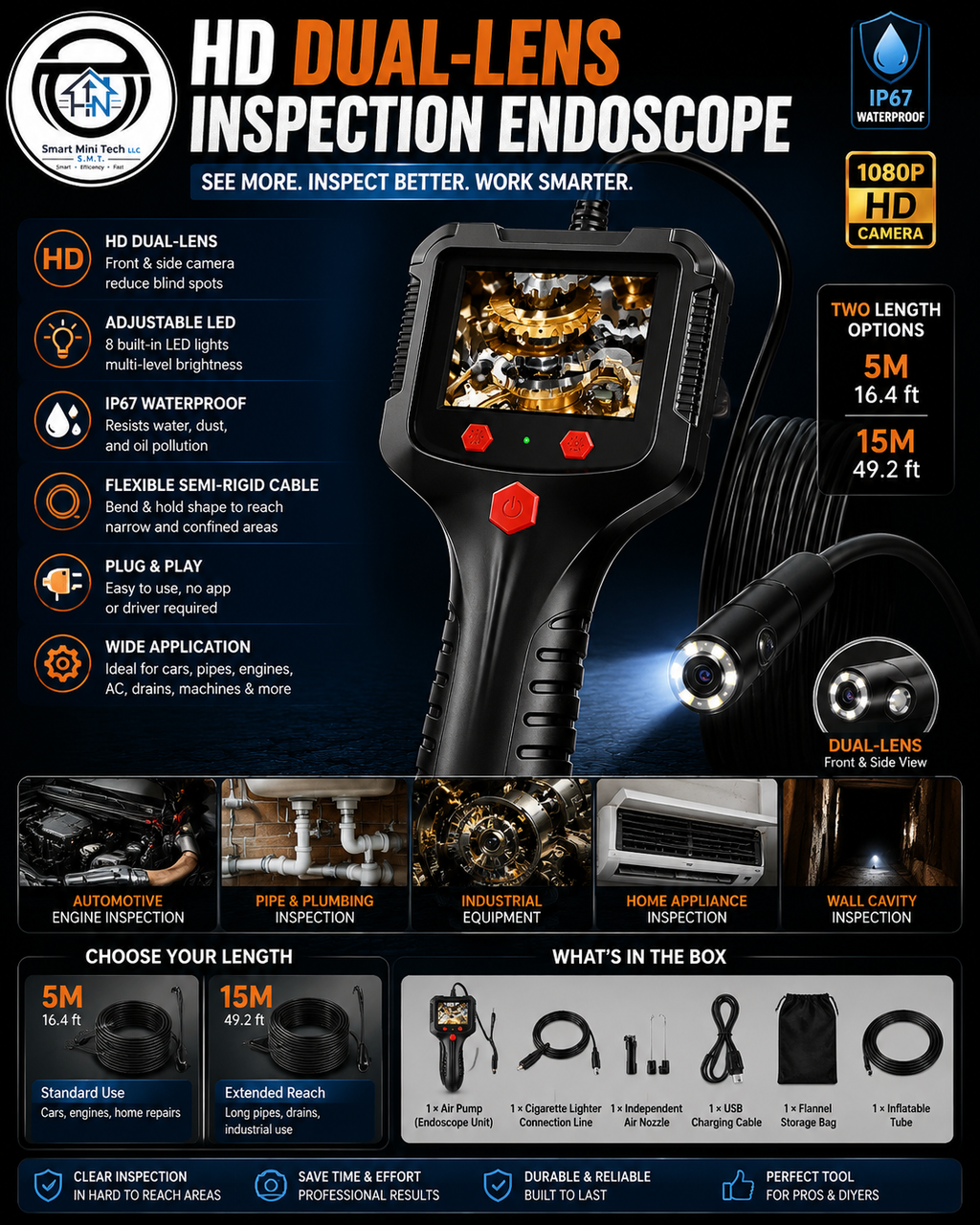 HD Dual-Lens Waterproof Endoscope Camera – IP67 Inspection Borescope with Built-in LED Lights, 5M / 15M